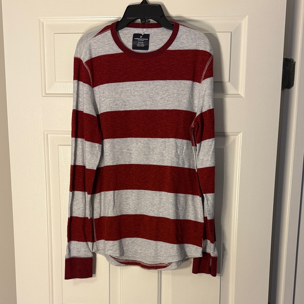 American Eagle Small Red and Gray Striped Long Sleeve Shirt